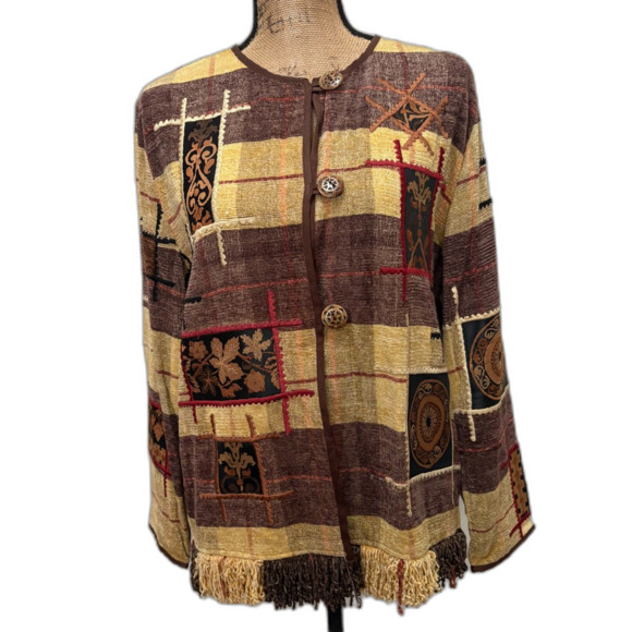 Vintage Allure Chenille Fringe Jacket Patchwork Applique Bohemian Size Medium - Picture 1 of 6